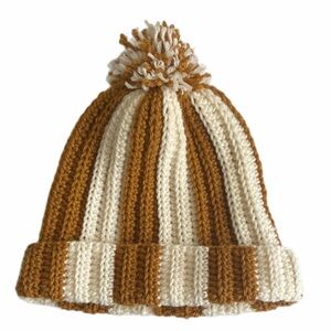 Handmade Crocheted Adult Unisex Striped Beanie with Pom Pom